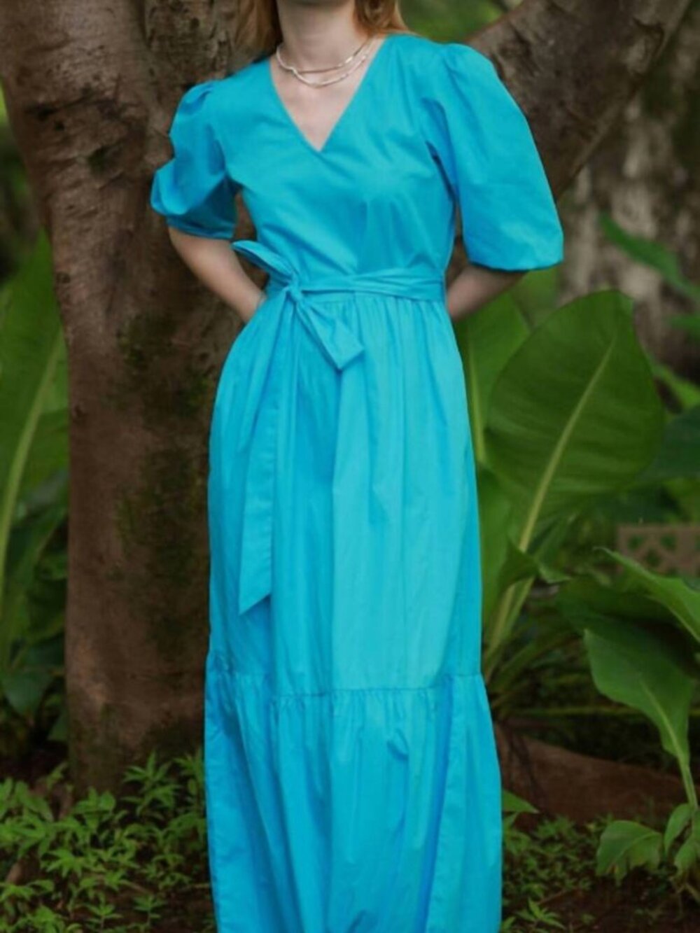 Maude Vivante Maxi Dress V-Neck Tiered Melina Aqua Blue 100% Cotton Poplin